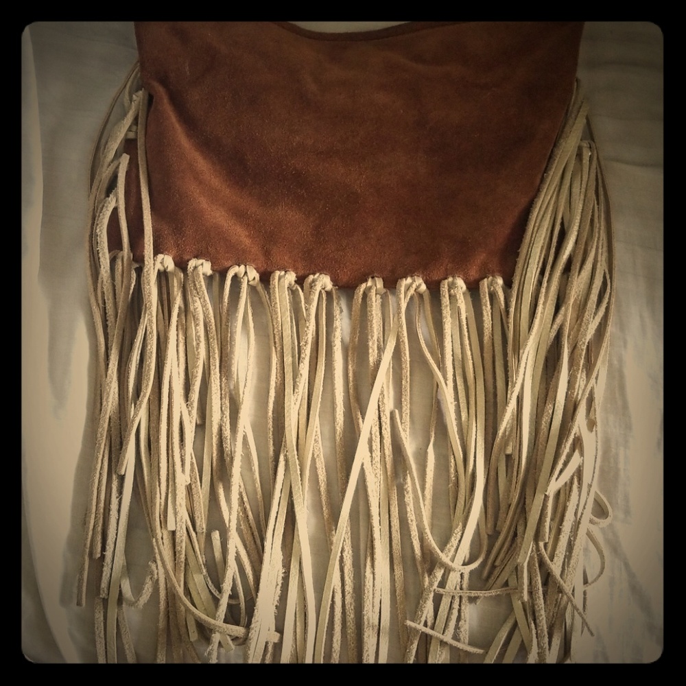 Brown suede bag with long gold fringe